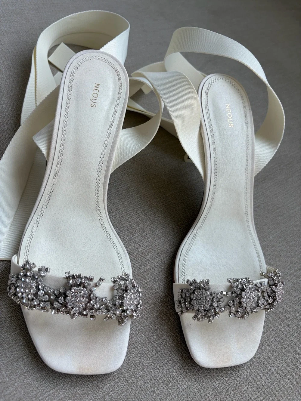 Crystal-Embellished Ivory Ankle-Tie Heels